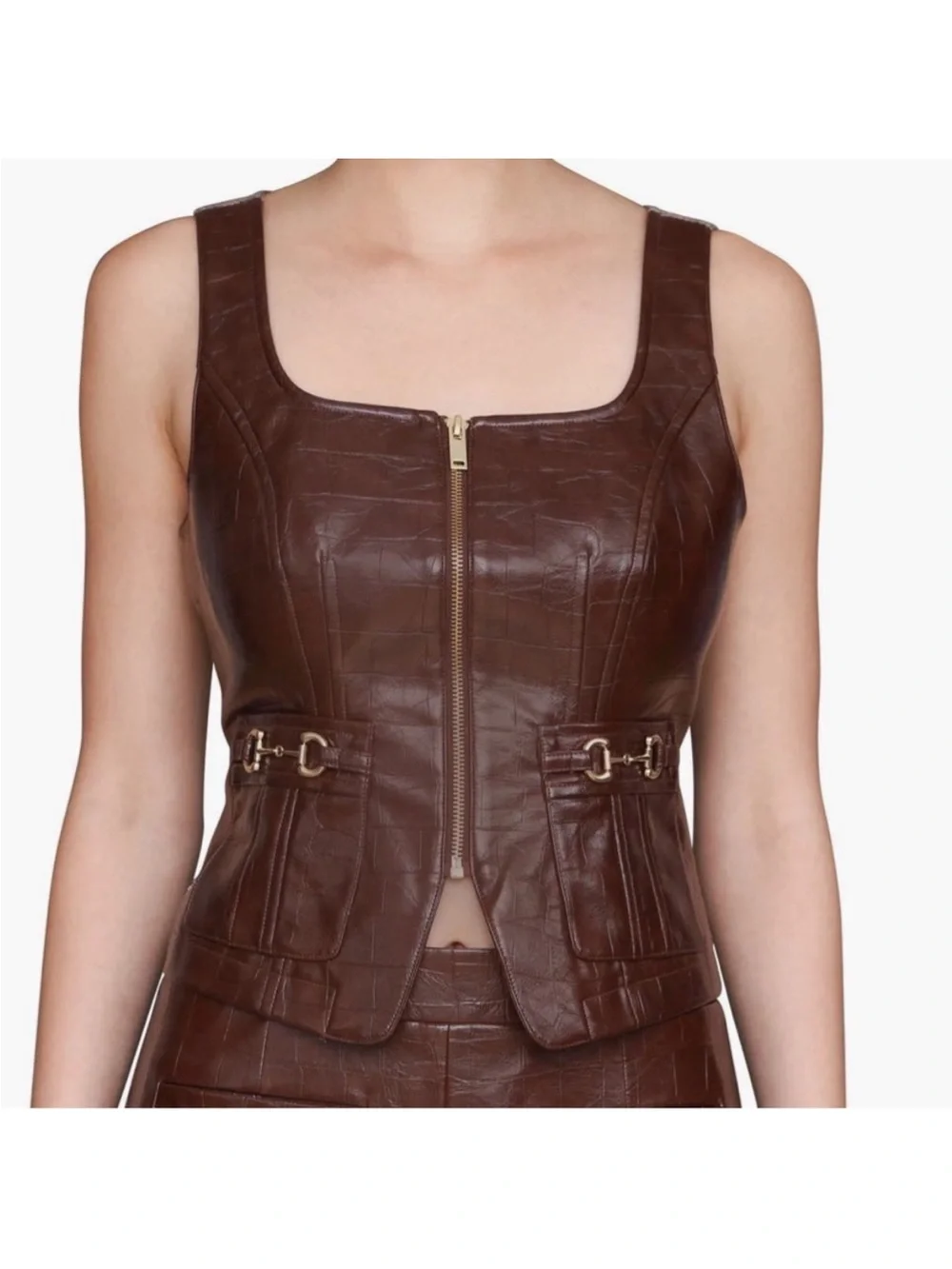 Avec Les Filles Brown Chocolate Faux Leather Buckle Detail Maxi Skirt / Vest Set